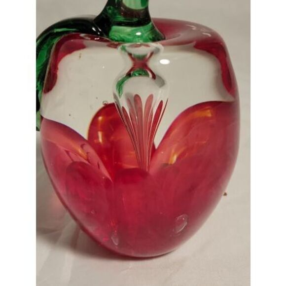 Joe Rice Art Glass Paperweight Red Apple Windowed Clear Glass w/ red floral NICE - Picture 16 of 16